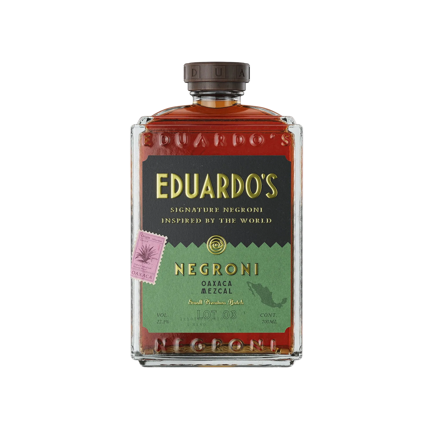Bottle of Eduardo's Mezcal Negroni on a transparant background
